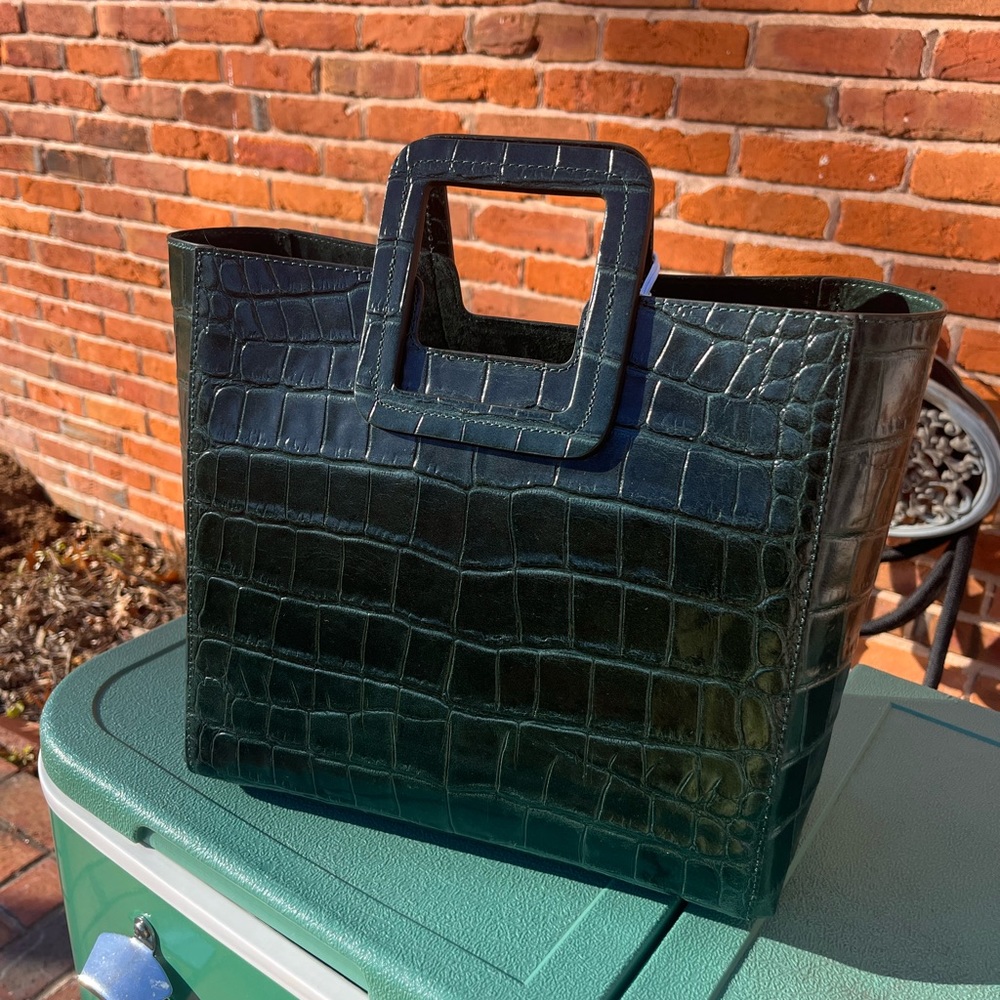 STAUD Croc-Embossed Teal Green Leather Tote with Adjustable Strap - Picture 2 of 12